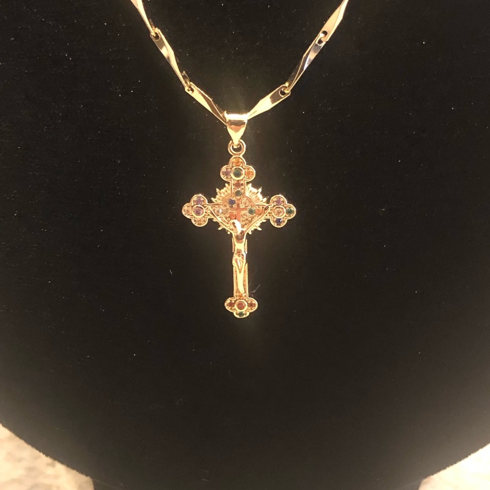 Gold Cross Pendant Necklace with Multicolor Accents